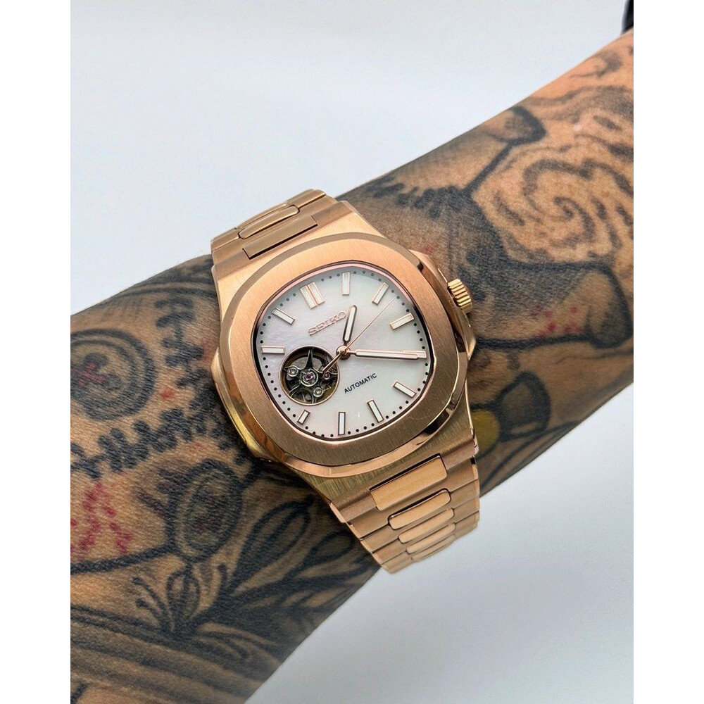Custom Seiko Mod • White Pearl MOP Open Heart Rose Gold Nautilus • 40mm